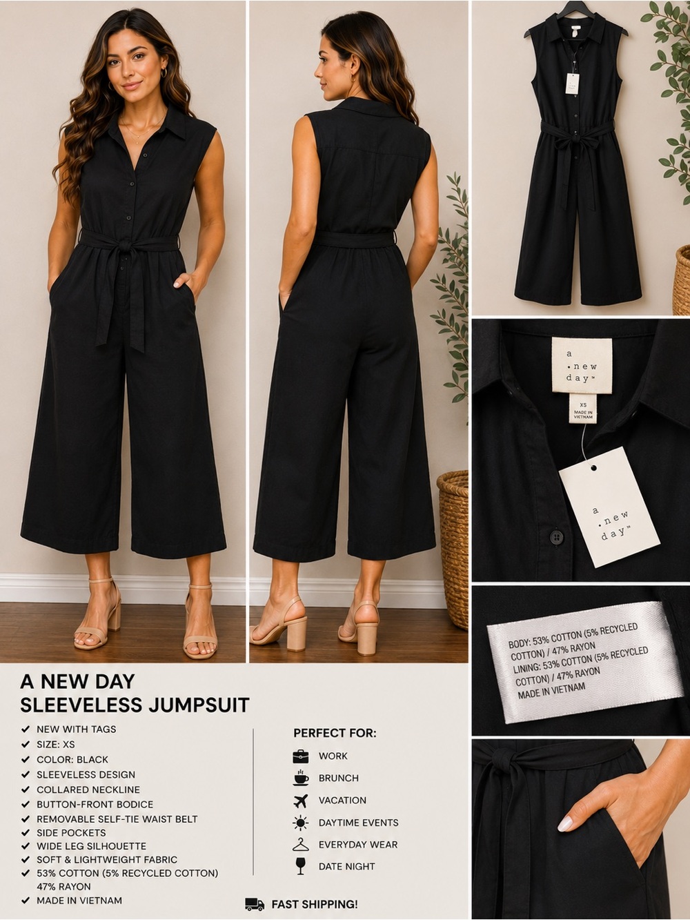 A New Day Black Sleeveless Wide Leg Jumpsuit XS | Tie Waist | Pockets